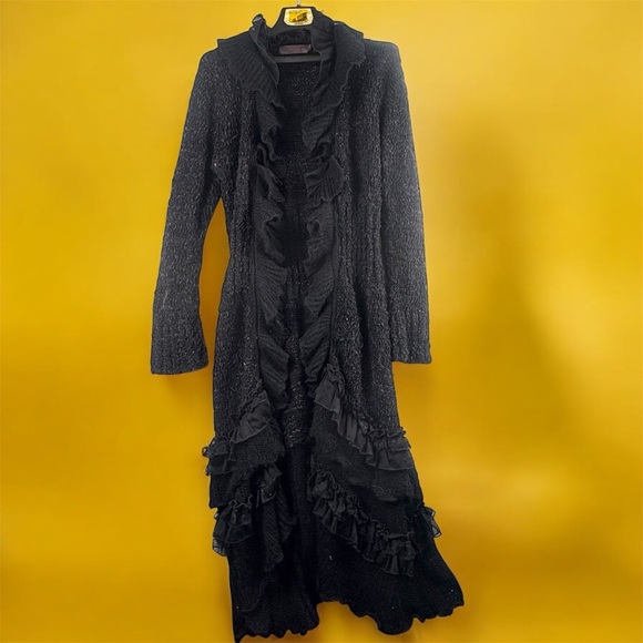 Pretty Angel Sweaters - Pretty Angel Y2K Elegant Black Ruffled Crocheted V-Neck Sweater Dress M Linen